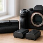 ミラーレスカメラとバッテリーグリップ、予備バッテリーを並べたイメージ