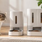 猫のそばに2台の自動給餌器が並んでいる室内のイメージ