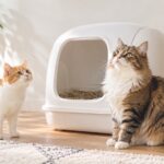 室内の猫用トイレのそばに2匹の猫がいる様子