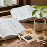 植物図鑑や種子、鉢植えの苗が並ぶ学習机