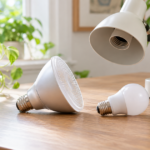 観葉植物のそばに大きさの異なる育成用電球と照明器具を並べた写真