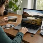 ノートパソコンで写真を編集しているデスクのイメージ