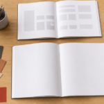 ポスターデザインの作例集や入門書を机に広げて比較している様子