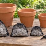 大きさの異なる植木鉢と鉢底石を入れた網袋を並べた様子