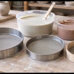 陶芸工房の作業台に大きさと網目の異なる丸型ふるいが並ぶ様子