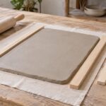 粘土の両側に木製のたたら板を並べた陶芸作業台