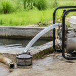 水槽のそばに置かれた動噴と吸水ホース、ストレーナーの写真