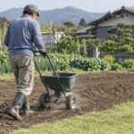 手押し式肥料散布機を畑で押している様子