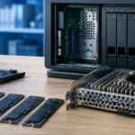NAS本体と4枚のM.2 SSD、拡張カードを並べたイメージ