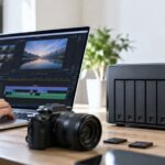 動画編集用のパソコンと6ベイNASを並べた作業机