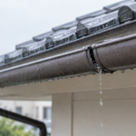 雨天時に軒どいの継ぎ目から水が漏れている様子
