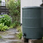 雨上がりの庭で縦どい脇に設置された雨水タンク