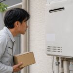 給湯器の前で交換部品の箱を持つ作業員