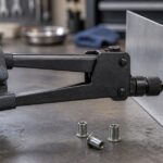 薄い金属板に手動リベットナッターを当てている作業風景