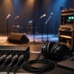 音響機器とケーブル、ヘッドホン、ミキサー画面のある収録現場