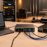 音響スタジオでノートPCとネットワークオーディオ機器を接続している様子