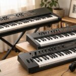 自宅の音楽スペースに複数の電子キーボードが並ぶ様子