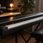 ステージピアノと演奏用の椅子、音楽制作機材を配置したスタジオのイメージ