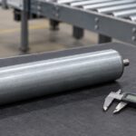 作業台に置かれたコンベヤ用ローラーとノギス