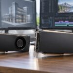 ワークステーション用グラフィックボード2枚を並べて比較しているイメージ