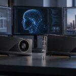 2枚の高性能グラフィックボードを並べ、AIや3D制作環境を背景に比較しているイメージ