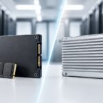 データセンターを背景に複数のサーバー向けSSDを比較しているイメージ