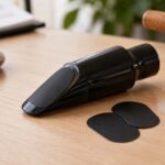 サックスの吹き口と黒・透明の交換用パッチを並べた様子