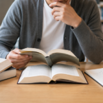 図書館で複数の科学書を広げて読み比べる人