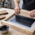 木製のスクリーン枠でスキージを使って手刷りしている様子