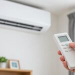 室内のエアコンに向けて白いリモコンを操作している様子