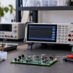 電子工作の作業台に据置型測定器と基板、テストリードが並ぶ様子