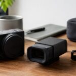 ミラーレスカメラと外付けファインダーなどの周辺機器を机に並べたイメージ