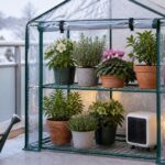 雪の積もるベランダで植物とヒーターを収めた小型温室
