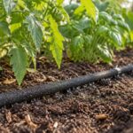 菜園の植物の根元へ水をしみ出させる黒い散水ホース
