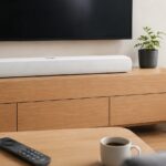 テレビ下にサウンドバーとサブウーファーを置いたリビング
