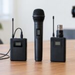ワイヤレス送信機と手持ちマイク、ピンマイクを並べた撮影機材のイメージ