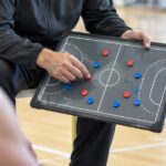 体育館で指導者が磁石式の作戦ボードを示している様子