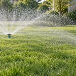 芝生の中央と花壇沿いで異なる方向へ散水するスプリンクラー