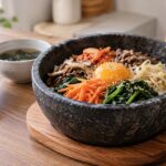 木製の敷板に載せた石鍋入りビビンバの食卓風景