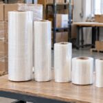 倉庫の作業台に幅の異なるストレッチフィルムと梱包用ディスペンサーが並ぶ様子