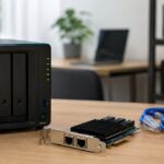 NAS本体とデュアルポートのネットワークカード、LANケーブルを並べたイメージ