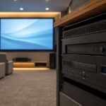 AVラックと大型スクリーンが設置された映像設備のイメージ