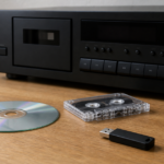 CDとカセット、USBメモリーをオーディオデッキの前に並べた様子