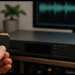 録音機器の前でSDカードを持っているスタジオ風景