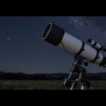星空の下で鏡筒前部に帯状ヒーターを巻いた天体望遠鏡