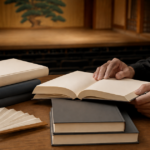 演劇史の本を劇場で読み比べている様子
