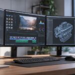 複数のモニターで映像編集や3D設計を行う高性能ワークステーションのイメージ