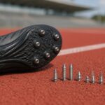 陸上トラックに交換式スパイクと長さの異なるピンを並べた様子
