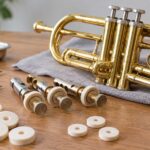 トランペットと複数サイズのピストンフェルトを作業台に並べたイメージ