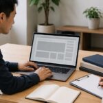ノートパソコンを操作する人を隣で観察し記録する様子